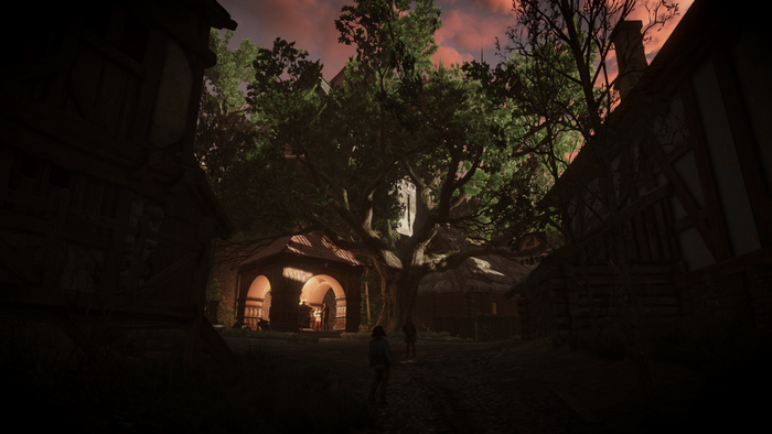 The Witcher 3: Wild Hunt screenshot of a village at dusk