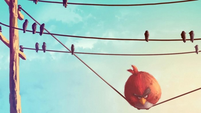 Angry Birds character on a telephone wire with other birds