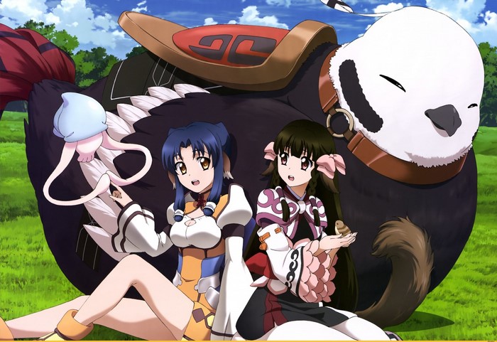 Two girls and a large bird creature from Utawarerumono