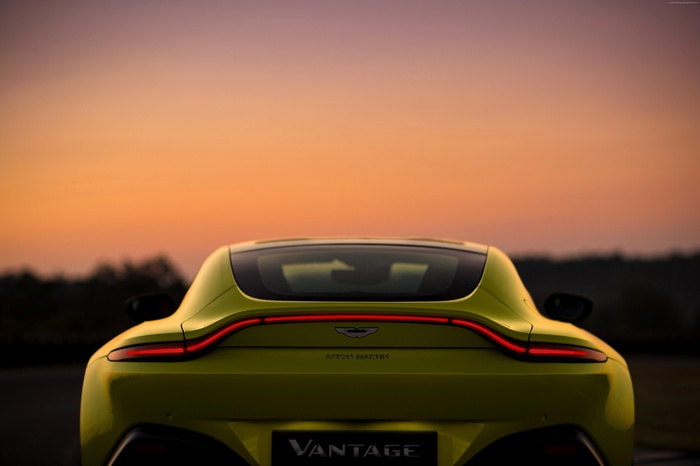 Aston Martin Vantage rear view at sunset