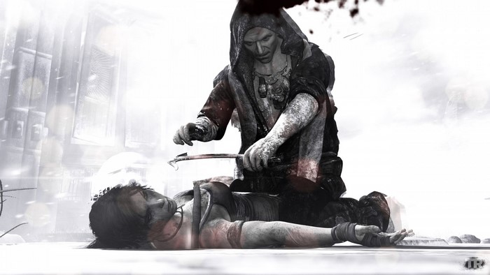 Lara Croft from Tomb Raider being tended to