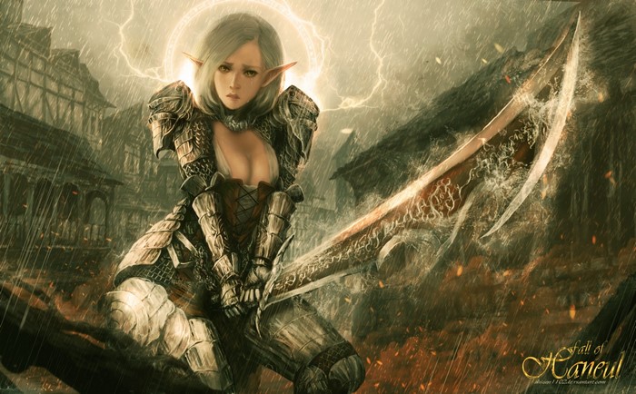 Fantasy warrior elf with sword in stormy village