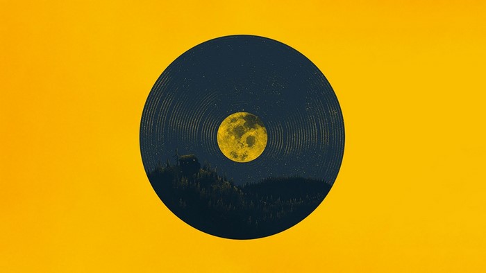Vinyl record with moonlit landscape and full moon