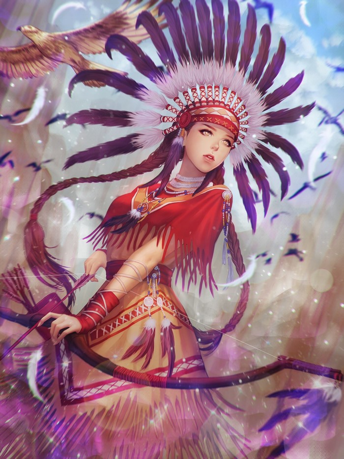 Fantasy Archer with Feather Headdress and Eagle
