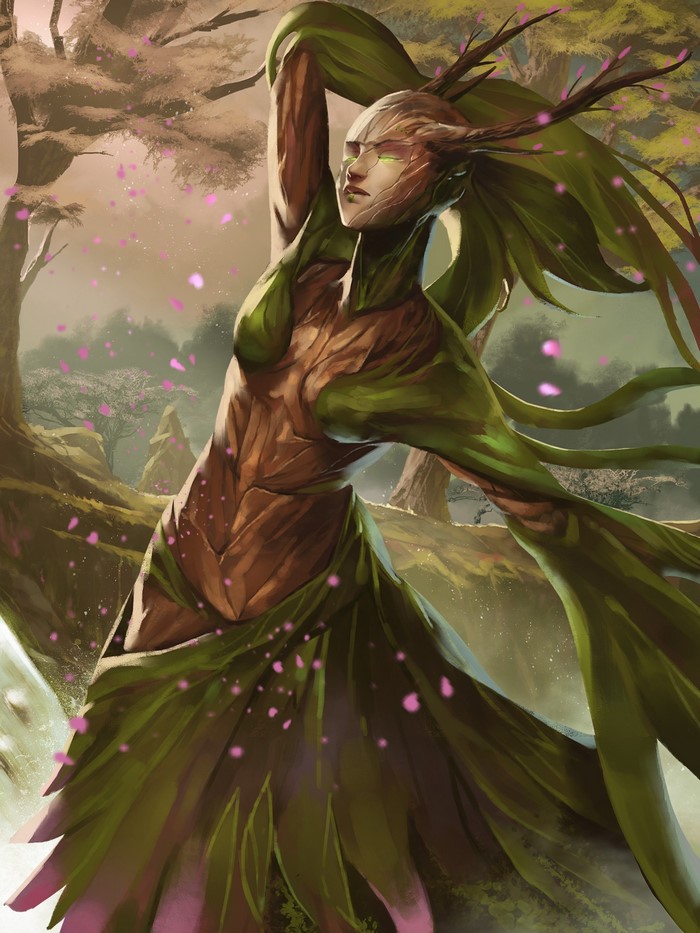 Fantasy tree spirit with green leaves and pink flowers