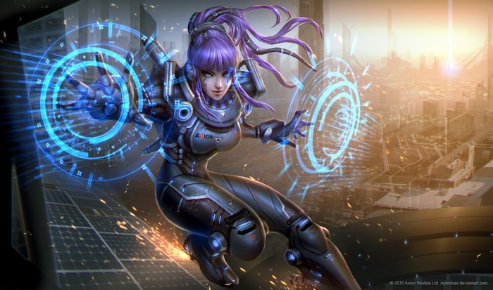 Futuristic woman with purple hair in cybernetic armor