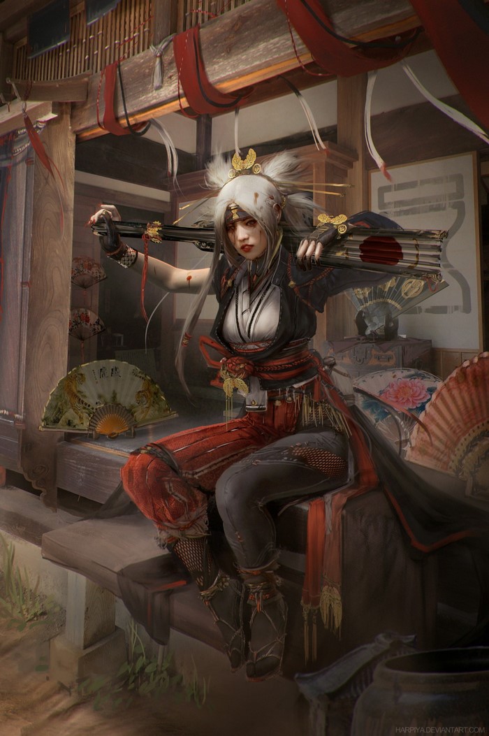 Fantasy art of a female warrior with a weapon