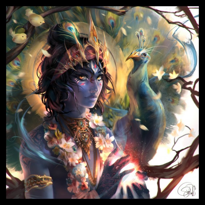 Krishna with a peacock and birds