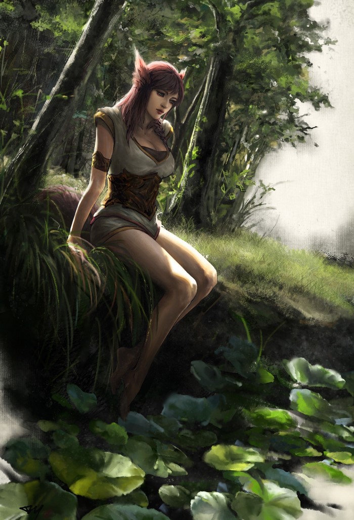 Fantasy art of a fox-eared woman in a forest