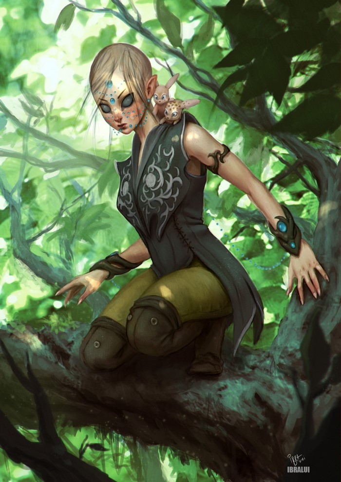 Fantasy woman warrior with two small creatures in a jungle