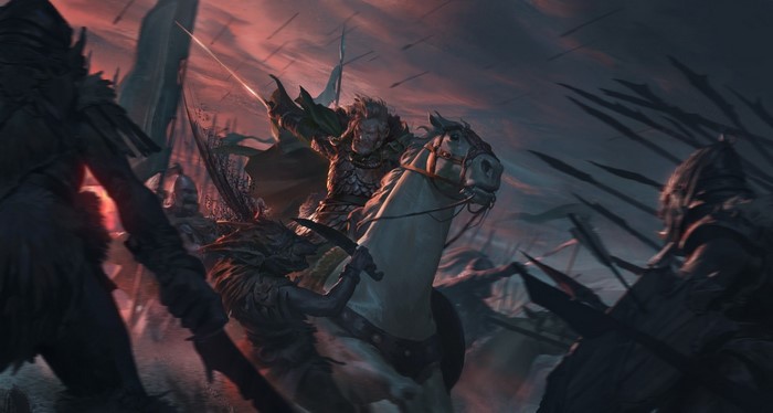 Fantasy battle scene with warrior on horseback