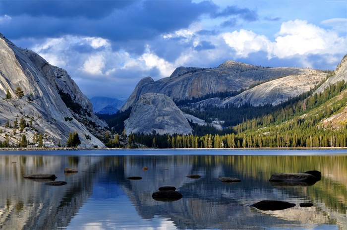Half Dome, forest, lake, National Park, 4K, California, Yosemite, mountain