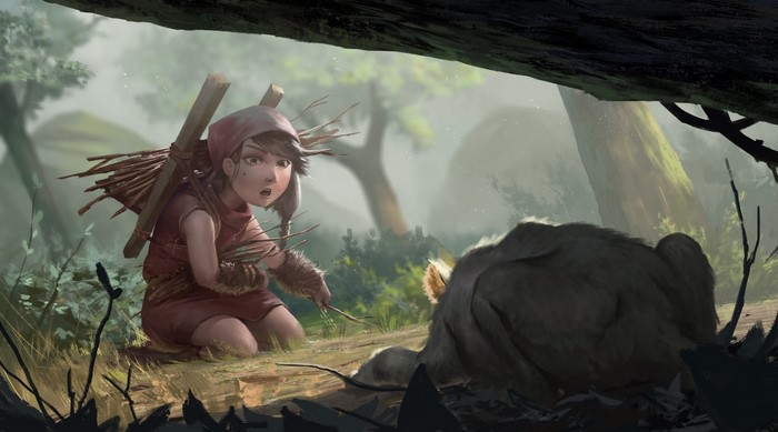 Young girl with a bundle of sticks encounters a creature