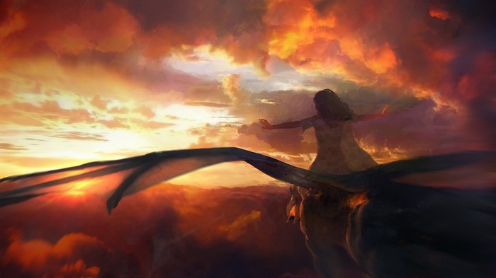 Girl riding a dragon through sunset clouds