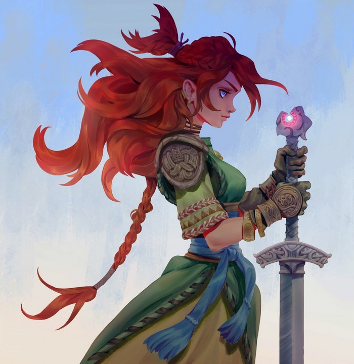 Fantasy warrior woman with red hair and sword