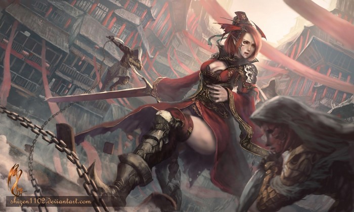 Fantasy warrior woman in red armor with sword