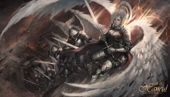 Fantasy warrior with wings and knights in battle