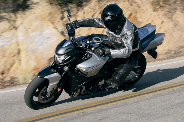 Suzuki GSR motorcycle rider on a road