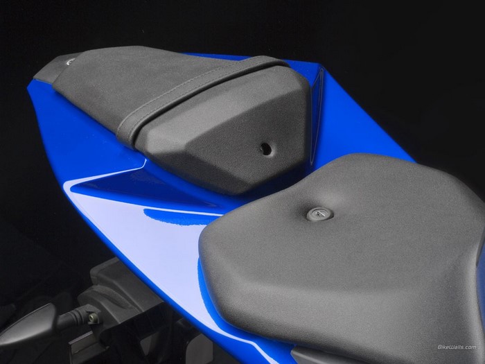 Blue Yamaha motorcycle rear seat detail