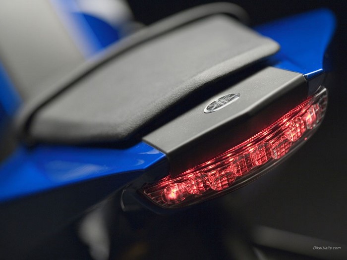 Close-up of a blue Yamaha R6 motorcycle tail light