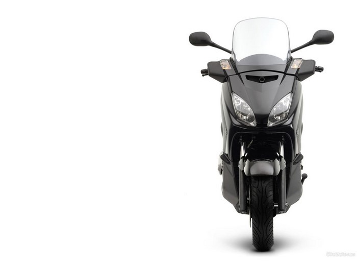 Front view of a black Yamaha T-Max scooter
