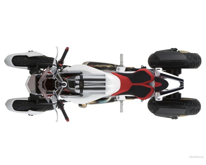 Top view of a futuristic white and red motorcycle