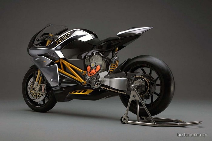 Electric motorcycle with gold frame and black fairings