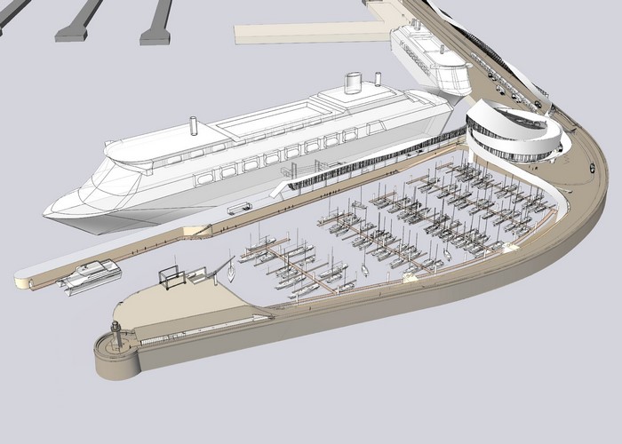 3D render of a marina with passenger ships and yachts