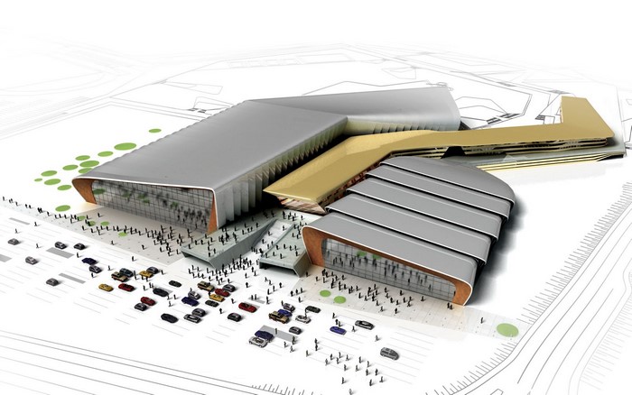 Architectural render of a modern complex with people and cars