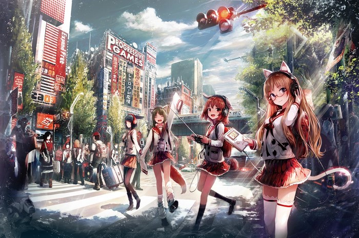Anime Girls with Animal Ears in City Crosswalk