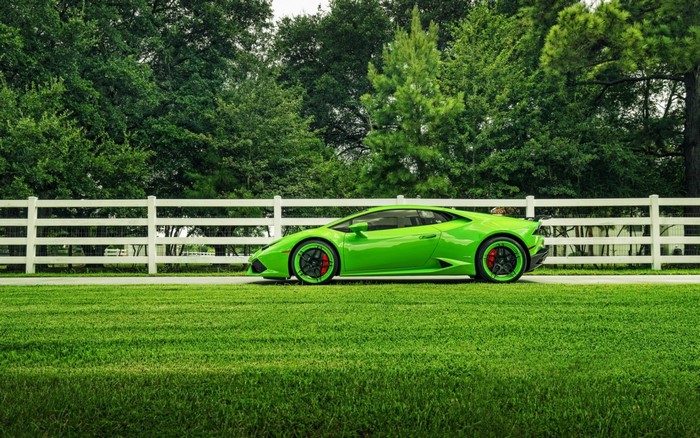 Green Lamborghini sports car parked on grass by a white fence