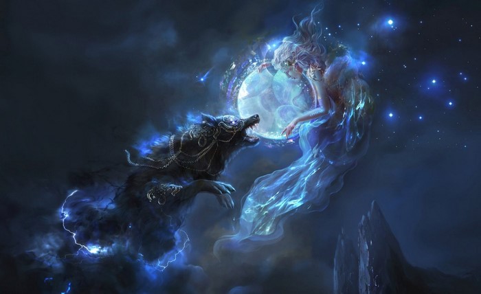 Fantasy girl and wolf under a starry sky