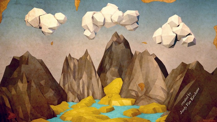 Low poly landscape with mountains, clouds, and water