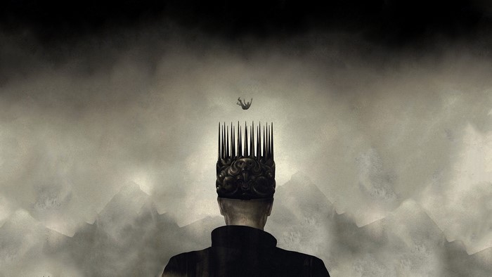 Man with crown falling figure in sky
