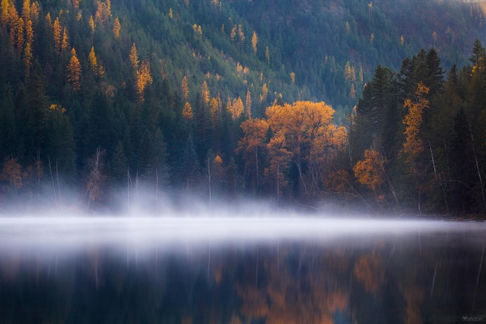 Autumn fog over Echo Lake with forest