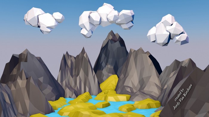 Low poly landscape with mountains, water, and clouds