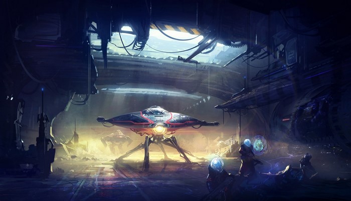 Futuristic spaceship in a dark hangar with glowing elements