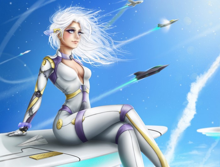 Anime girl in futuristic suit with planes in the sky