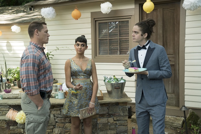 John Cena, Geraldine Viswanathan, and Miles Robbins at a party
