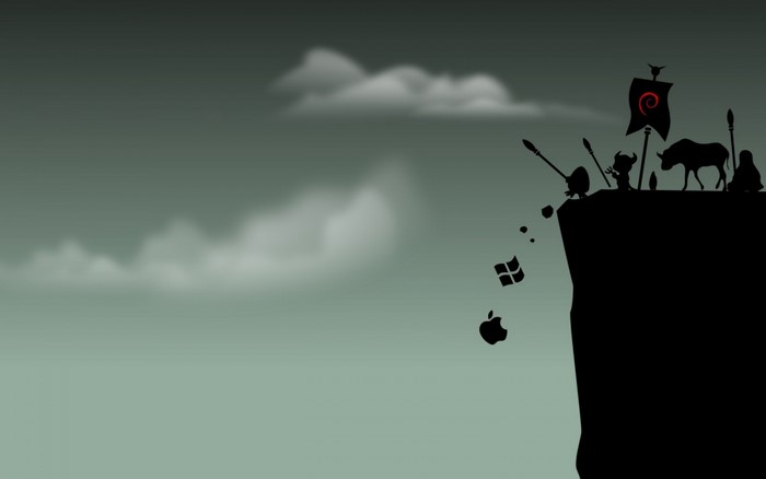 Linux characters pushing Apple and Windows off a cliff