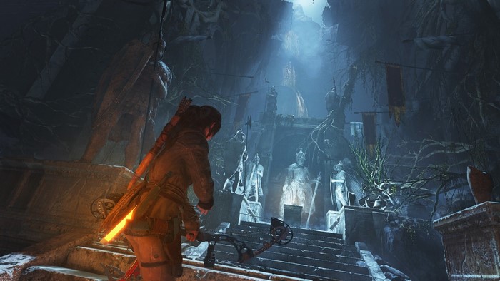 Lara Croft from Tomb Raider in a dark cave
