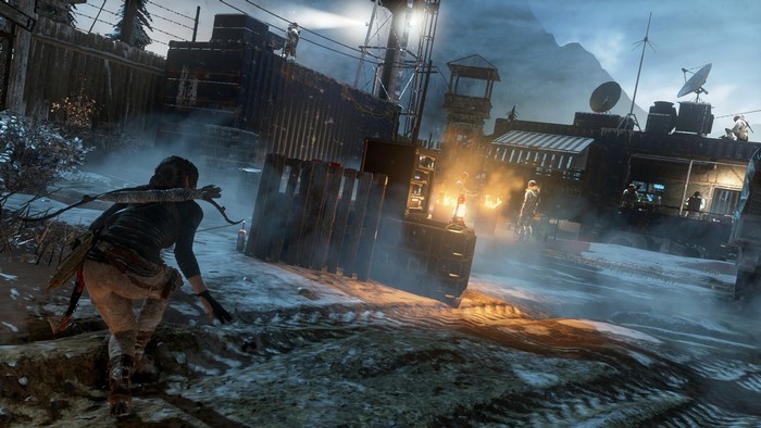 Lara Croft from Rise of the Tomb Raider in a snowy outpost