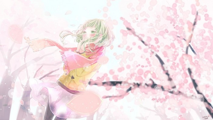 Megpoid Gumi from Vocaloid in a Cherry Blossom Forest