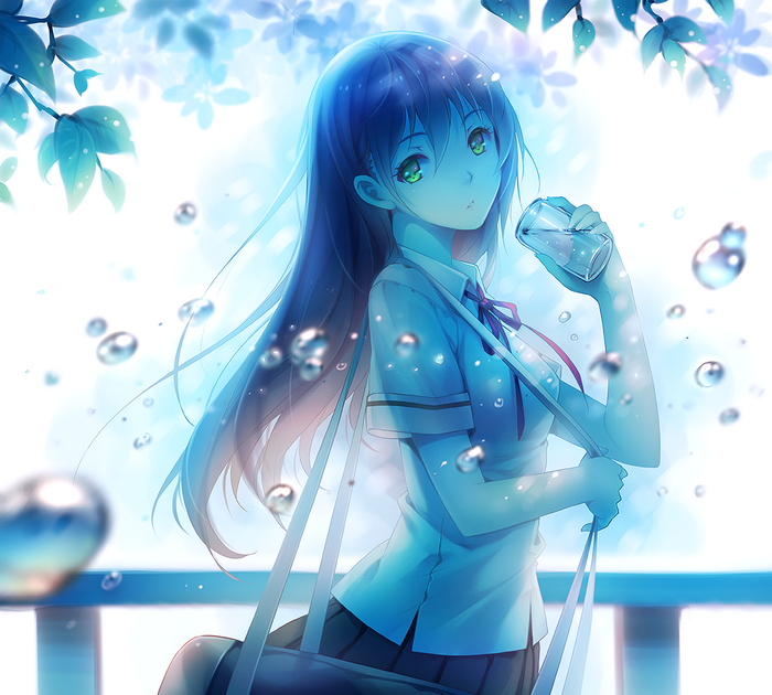 Anime girl with long hair drinking water