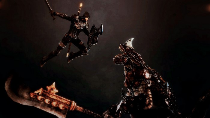 Warrior fighting a monster with a sword and axe
