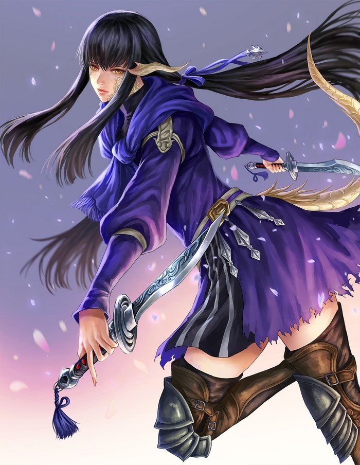 Anime woman warrior with black hair and orange eyes holding swords