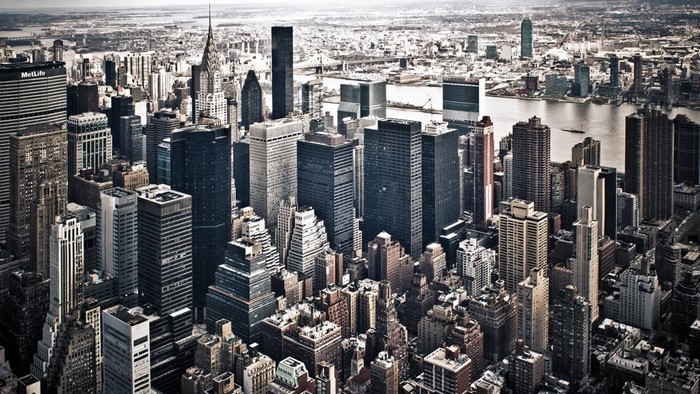Aerial view of New York City skyline with skyscrapers