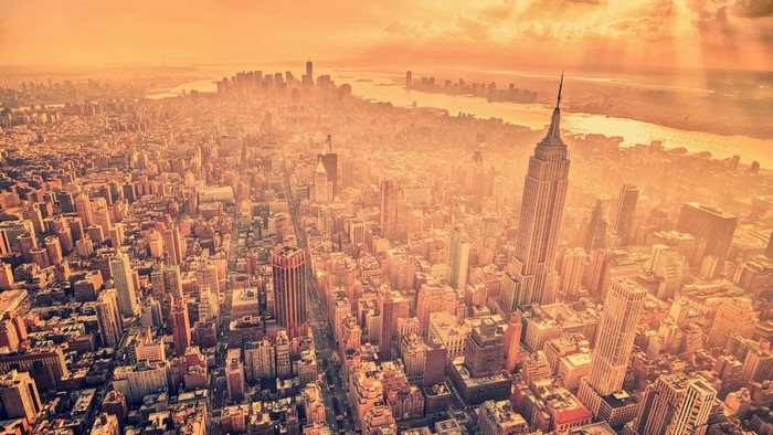 Aerial view of New York City skyline at dusk