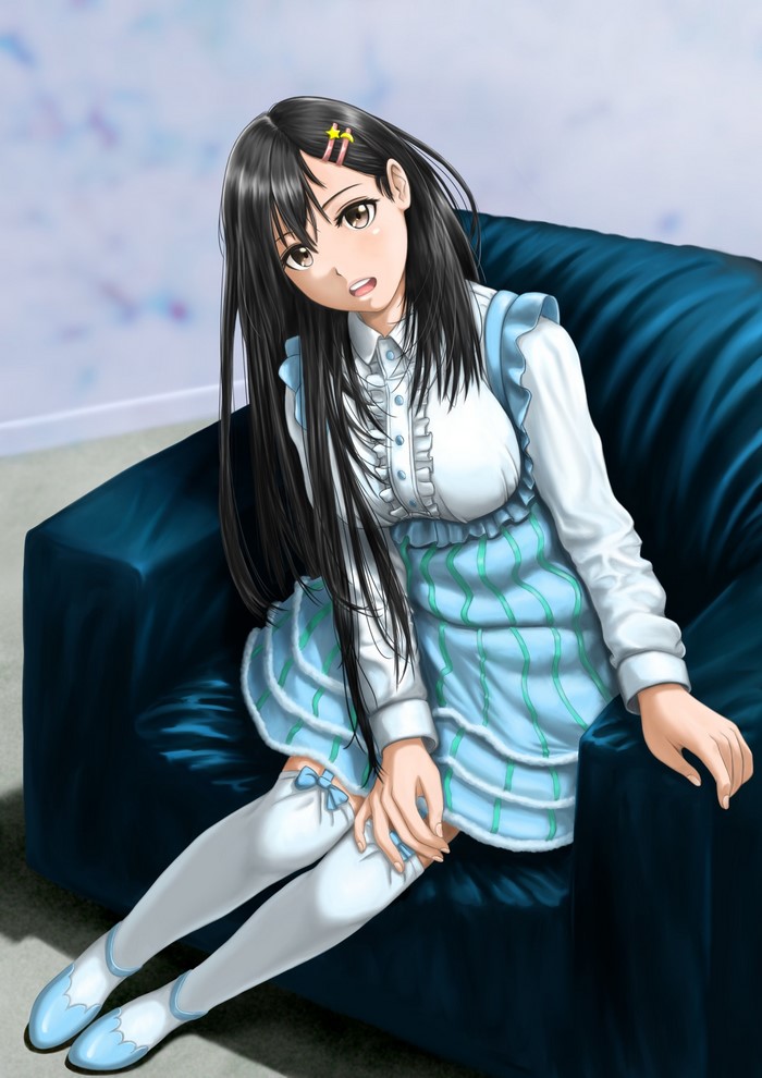 Anime girl with black hair sitting on a blue armchair