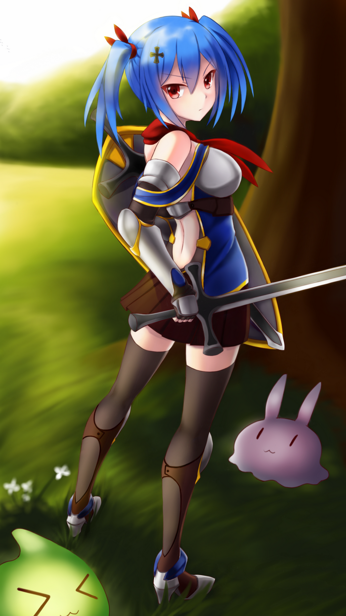 Anime girl with blue hair and armor holding a sword